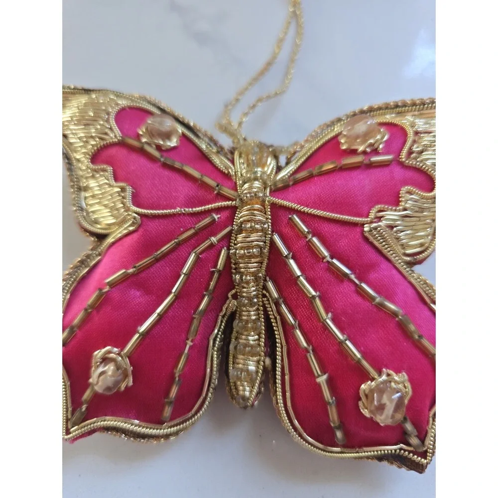 Vtg Butterfly Christmas Ornaments Decorative Pink‎ Gold Thread Beaded Set Of 2